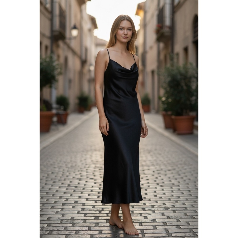 Bebe Black Satin Cowl Neck Midi Slip Dress 702017S Adjustable Straps NWT Size L